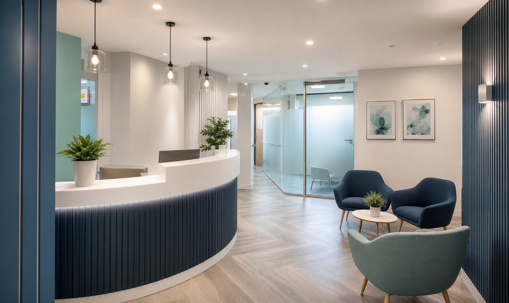 Representative visual of a refurbished dental reception and waiting area with navy and teal accents.